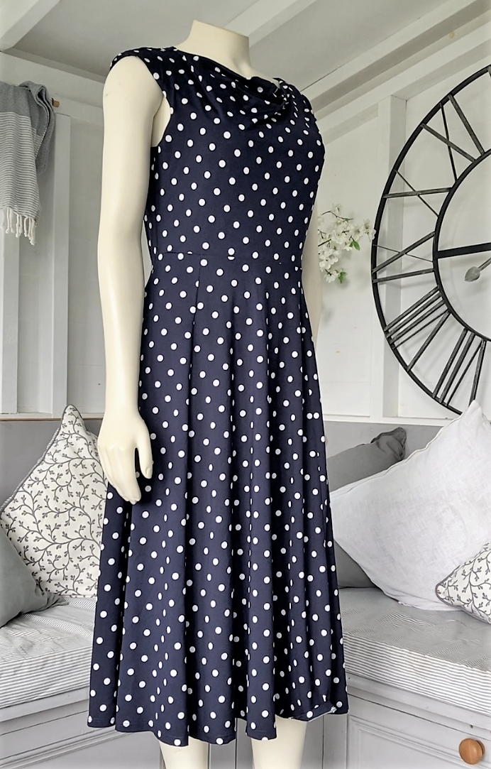 Phase Eight Fit Flare Navy Blue Polka Dot Spot Midi Dress 10 Occasion  Wedding
