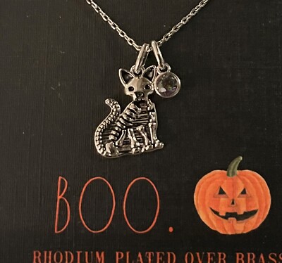 Rae Dunn Halloween Necklace (Rhodium Plated over Brass) Cat and Black  Crystal