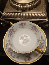 4 each antique Haviland  porcelain hand painted saucers & dbl handle soup cups