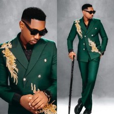 Army Green Men's Suit 2Pcs Gold Sequined Jacket Coat Wedding Party Prom Outdoor