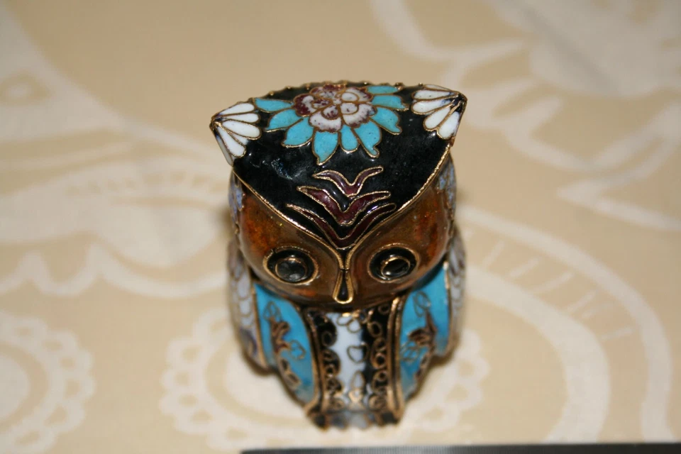 jolie chouette ou hibou en laiton, émail cloisonné, hauteur 7 cm, chine - Photo 2/4