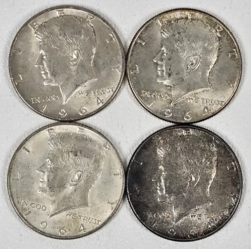 Kennedy Half Dollars 1964 - Lot of Four (4) 90% Silver Coins FREE SHIPPING