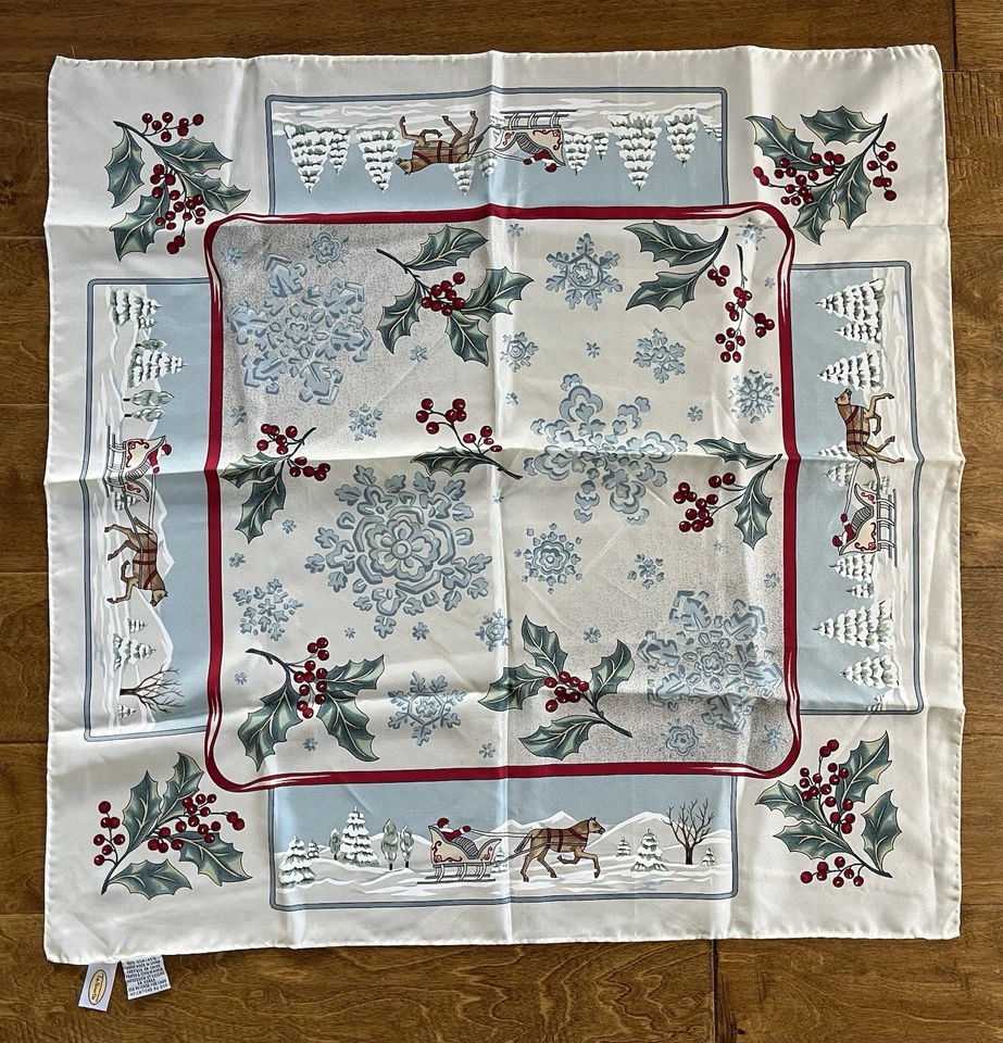 Talbots Winter Christmas Sledding Horses Holly 100% Silk Scarf 27 X 27 - Image 2 of 4