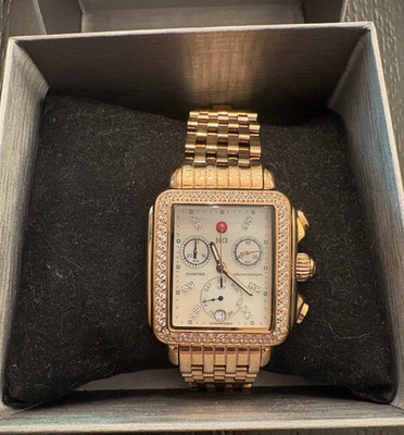 Michele Deco Rose Gold Tone Diamond Chronograph Day/Date Quartz Watch 50m