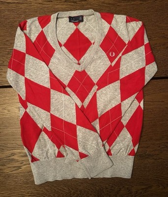 Fred Perry Women s Cotton Argyle Pullover V Neck Sweater US Sz 10