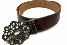 Michel Klein Paris Brown Leather Crystal Buckle Belt Sz 29–34 | USA