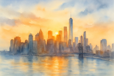 New York Sonnenaufgang Aquarell Manhattan Skyline Poster Druck gerahmt Leinwandbild