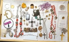 Vintage Catholic Lot Of Medals Pendants Necklace Rosary Jewelry