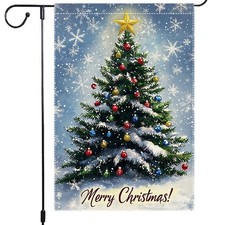 Merry Christmas Tree Garden Flag 12x18 Double-Sided Burlap with Snowy Winter ...