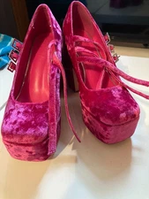 Lady Godiva  Womens High Chunky Heel Shoes Pink Suede Effect Buckles - size 7
