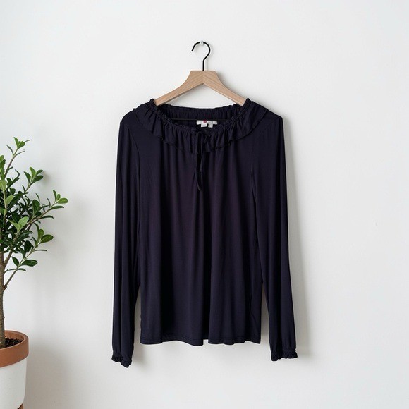 Boden Women's Blue Round Neck Ruffle Tie Neck Long Sleeve Blouse Size 6