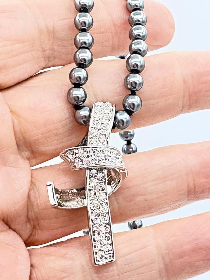 Nolan Miller Silver Faux Pearl Beaded Necklace w/ Swarovski Crystal Pendant Foto 4 de 4