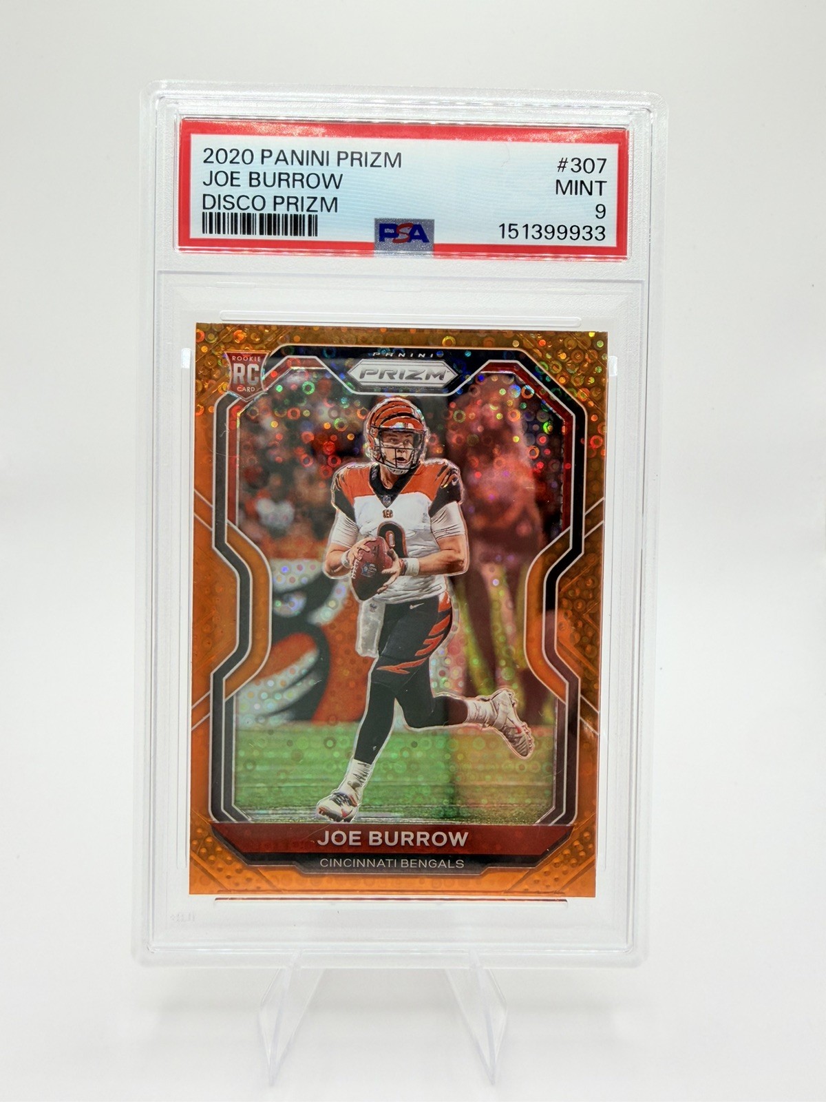 2020 Panini Prizm #307 Joe Burrow Orange Disco Prizm RC Rookie PSA 9 view 3