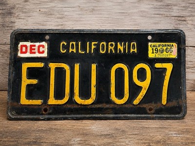 Vintage 1963 California Black License Plate EDU 097 1966 Sticker Original 