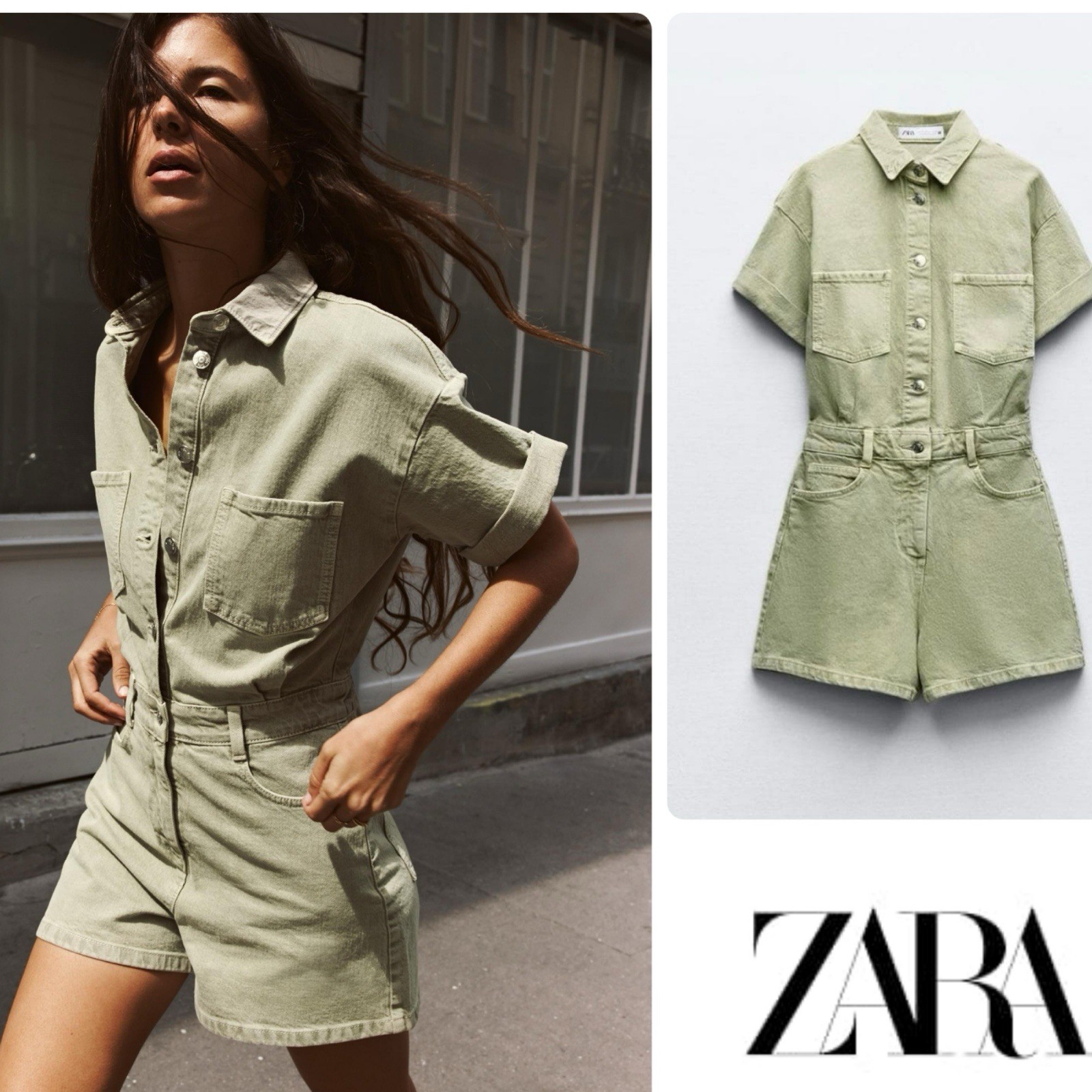 Zara Green Denim Short Sleeve  Button Romper Pockets Collared S
