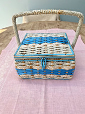 Beautiful Vintage Blue Wicker 1950s Sewing Basket with Contents