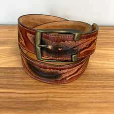 LATITAN TOOLED BROWN LEATHER BELT, Feathers HAND STAINED, SIZE 36, 1-5/8" WIDE