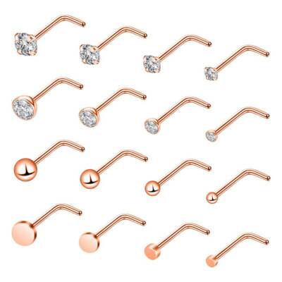 16pcs 20G Surgical Steel CZ L Nose Studs Body Piercing Jewelry Lot for Men Women