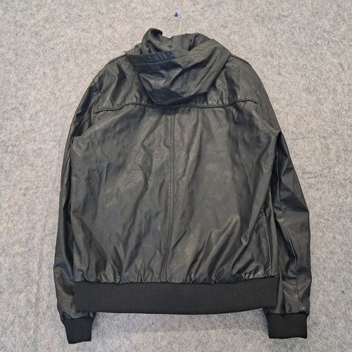 Ecko Unltd Jacket Mens XL Black Leather Look Full Zip Hood Biker Coat Y2K Retro - Picture 2 of 9