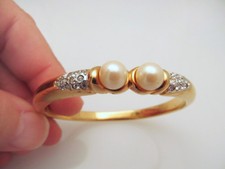  Gold Tone Bangle Bracelet Simulated Pearls  Crystals
