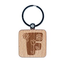Sweet and Cute Flowers Rounded Block Letter F Engraved Wood Square Keychain