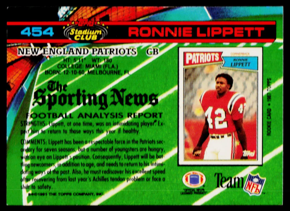 Ronnie Lippett, 1991 Stadium Club, #454, New England Patriots, - Image 2 of 2