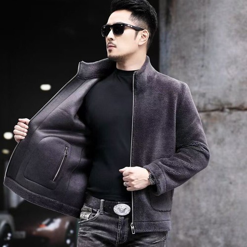 Winter Stand Collar Men Real Lamb Wool Fur Shearling Coat Reversible Jacket Warm - Picture 17 of 18