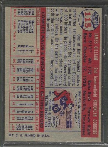 1957 TOPPS # 115 JIM GILLIAM BROOKLYN DODGERS EX/NM- O/C - Picture 2 of 2