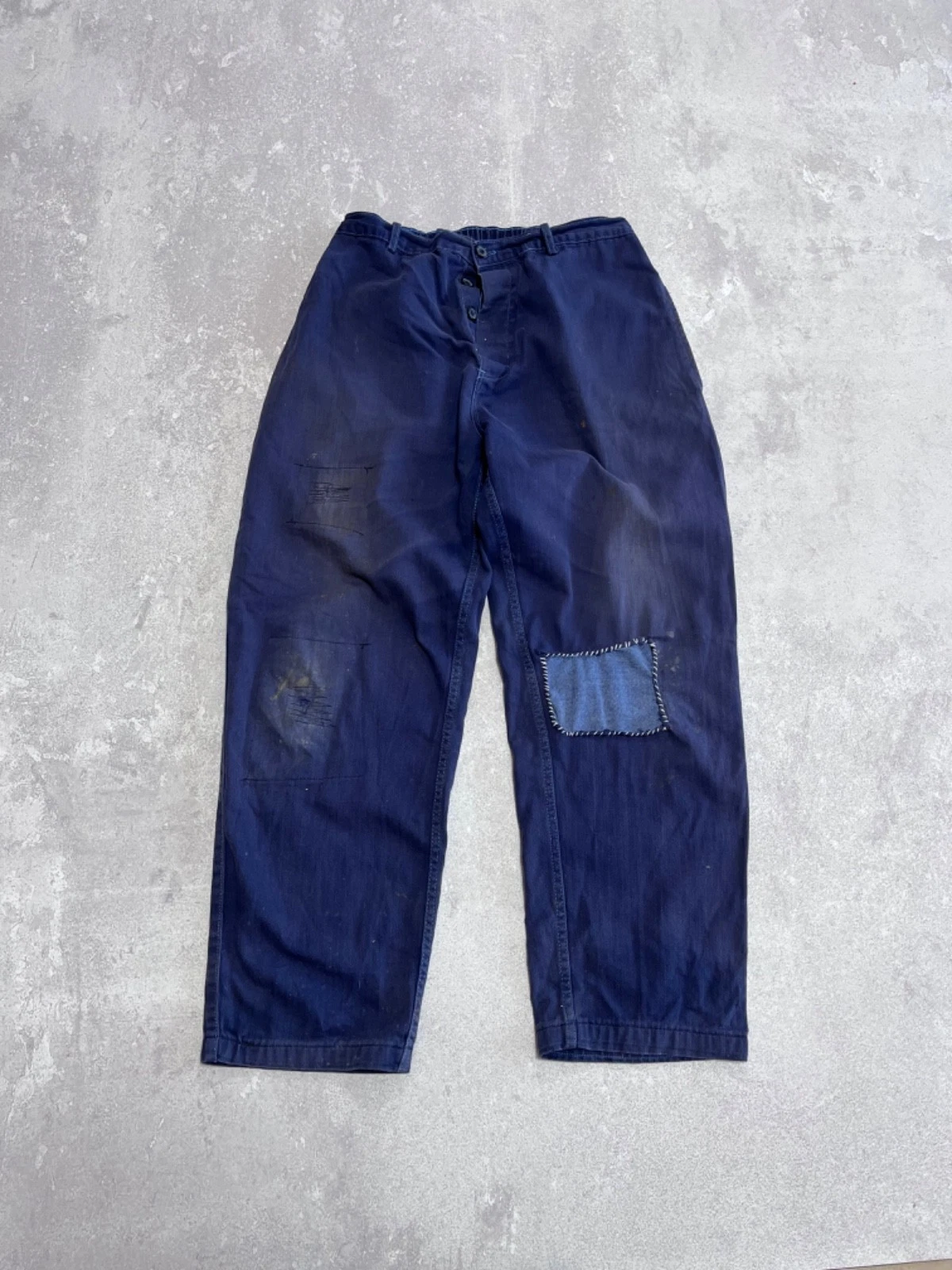 French 1970s Faded & Repaired Blue Twill Work Chore Pants Sanforized Sashiko L