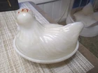 Vintage White Milk Glass Hen Rooster On Nest Small Basket Candy Dish
