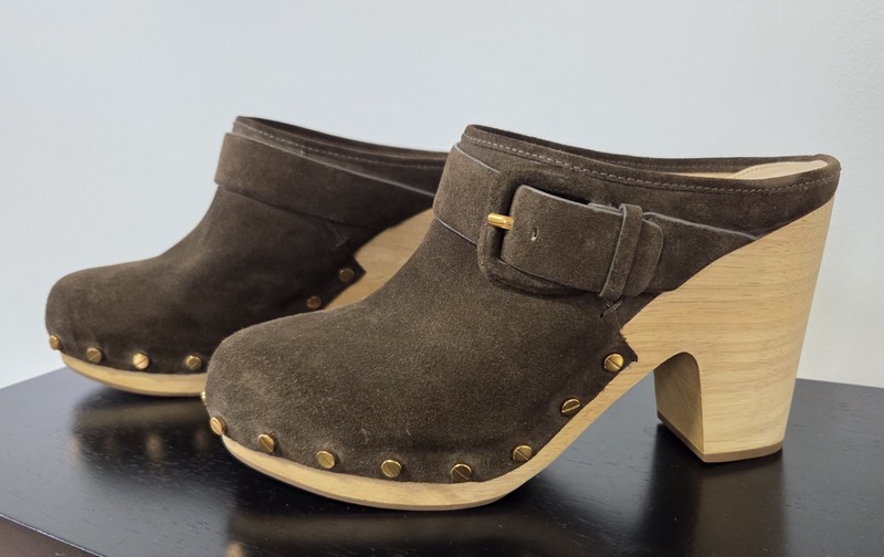 Veronica Beard Dacey Buckle Mules Stud Clogs Brown Leather Suede Heels Size 8 M 