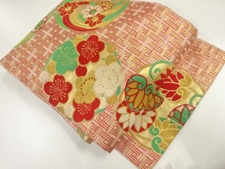 44269# JAPANESE KIMONO / ANTIQUE NAGOYA OBI / SILK / WOVEN FLOWER ROUNDEL
