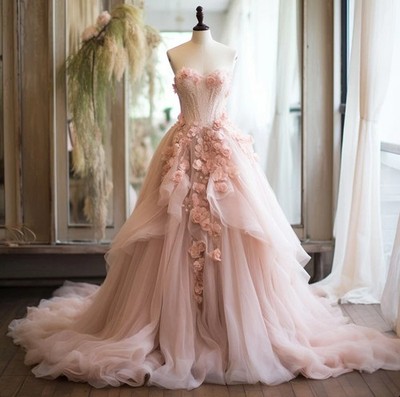 Fairy Pink Wedding Dresses with 3D Flowers Sweetheart Court Train Bridal Gowns