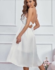 White Ruched Tie Backless Halter Neck Flared Midi Dress Size M 10 Holiday’s