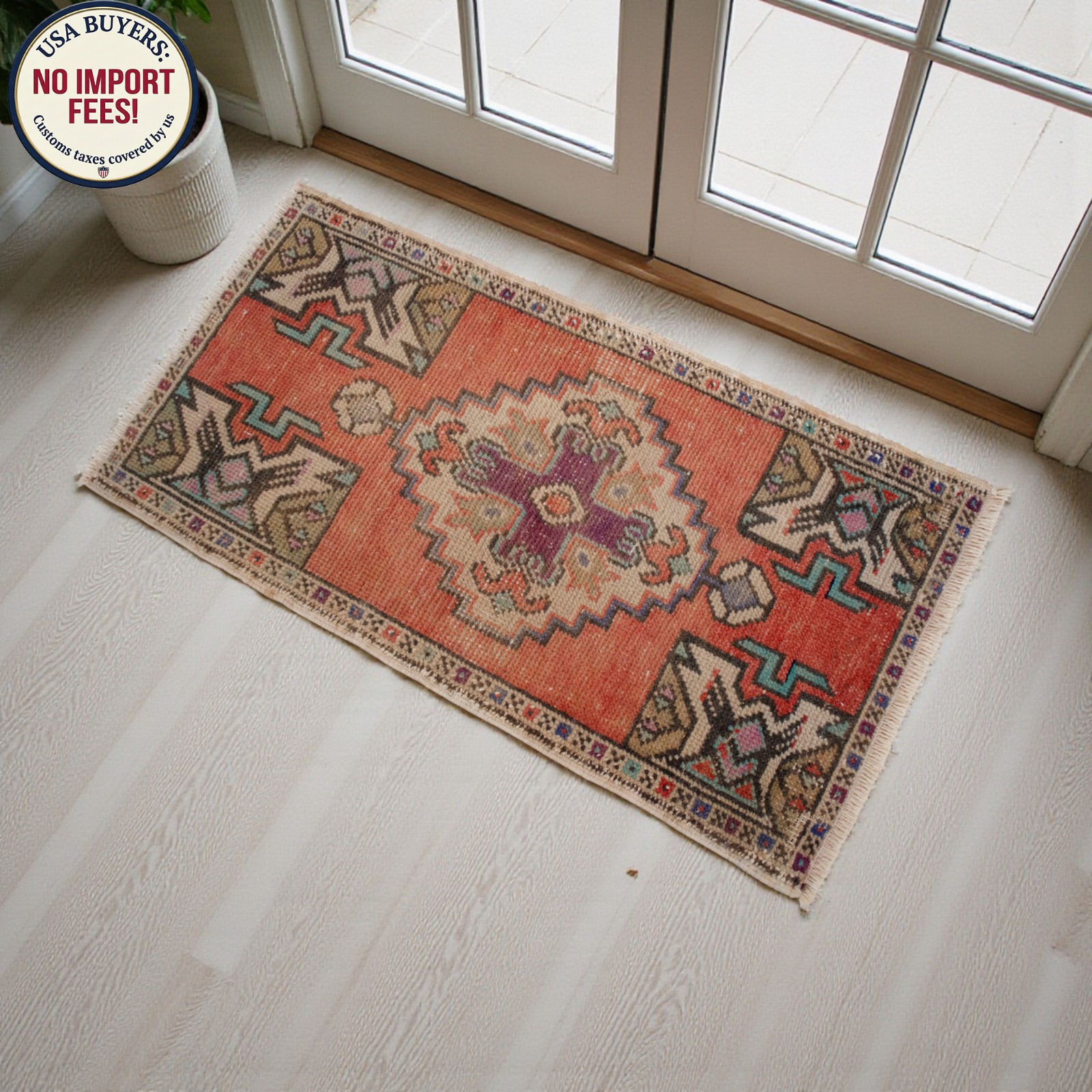 Vintage Turkish Oushak Rug 2x3 Hand-Knotted Wool Bath Mat Door Decor Terracotta