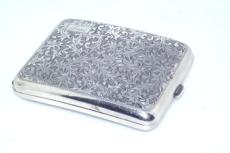 Antique Sterling SS Case Cigarette Calling Card 950 Silver Chaised Leaf Design