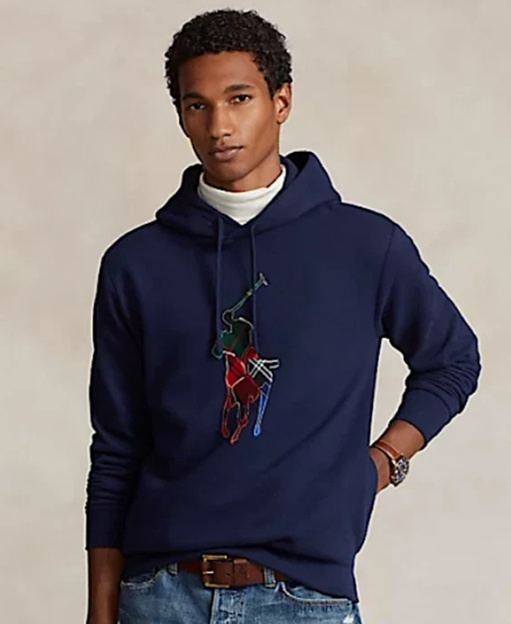 Polo Ralph Lauren uomo blu navy pile plaid grande pony patch felpa con cappuccio taglia L nuova con etichette