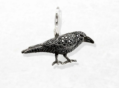 925 Silver Raven Charm Black Spinel Crow Pendant Bird Jewelry Lobster Lock