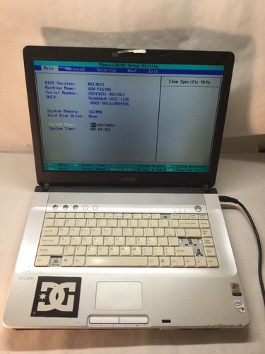 Sony Vaio VGN-FE670G Intel Centrino- BOOTS TO BIOS/MISSING KEYS -MZ
