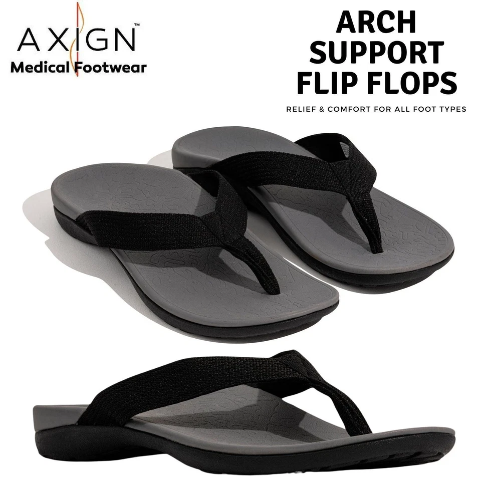 AXIGN Premium Orthotic Arch Support Flip Flops Sandal Thongs Archline Grey/Black