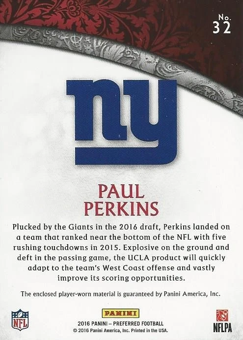 2016 Panini Crown Royale Paul Perkins Jersey New York Giants UCLA - Image 2 of 2