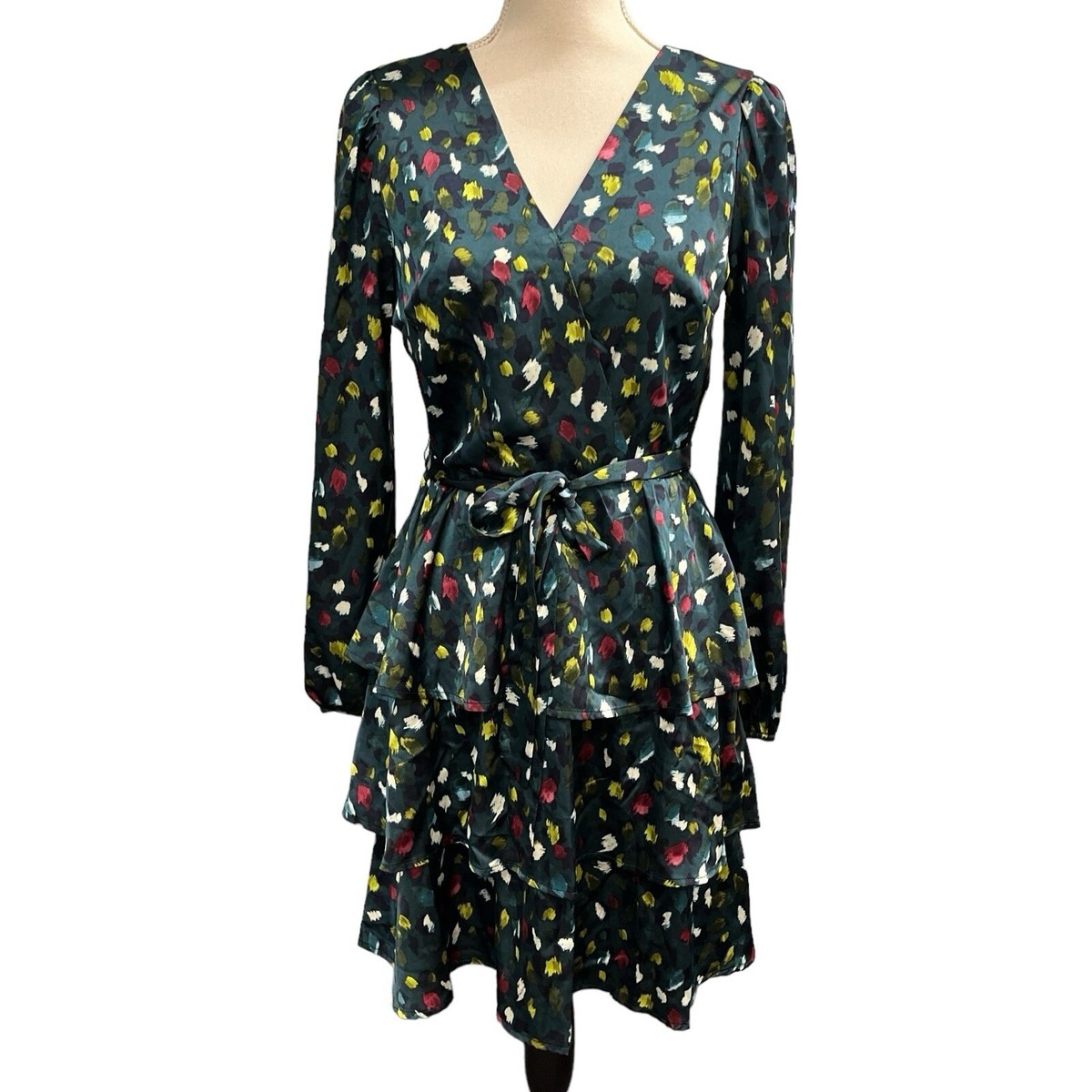 Nicole Miller Mini Dress Womens S Green Geometric Satin Floral Tiered Ruffle