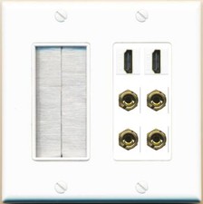 2 Speaker 4 Banana Binding Post Wall Plate with 2 HD Jacks Brush White