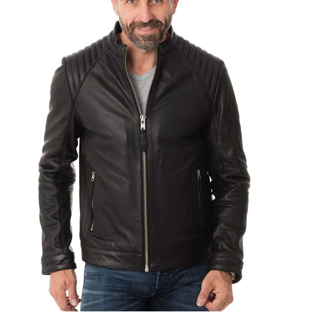 Leather Jacket Mens Biker Racer Men Vintage Bomber Sheep Skin Motorcycle Black 2-image