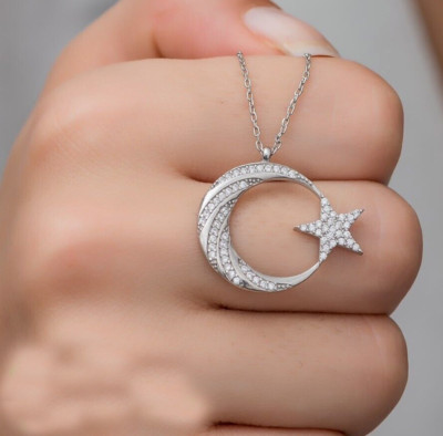 2.5 CT Simulated Diamond 14K White Gold Plated Pretty Moon Star Pendent Necklace