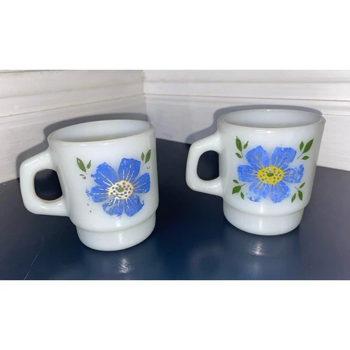Pair of Fire King Blue/Orange Flower Coffee Stack Cup Mug, Retro Flower Power