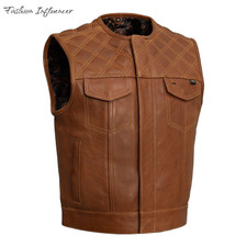 Men's Real Leather Cowhide Premium Handmade Diamond Club Moto Biker Leather Vest