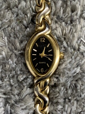 Advance Gold Tone Watch Women's,  Black Dial New Battery Watch Works!