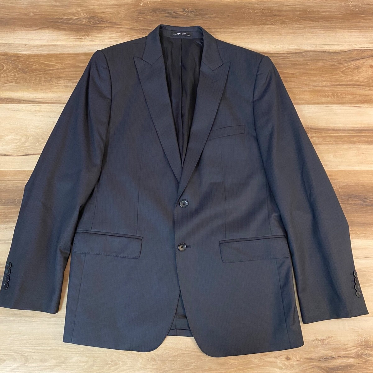 Zara Blazer Mens 42 Wool Button Jacket 36 Gray Pinstripe