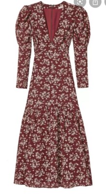 Rebecca Taylor Tilda Long Sleeve Printed Smocked Silk Midi Dress 14 $695